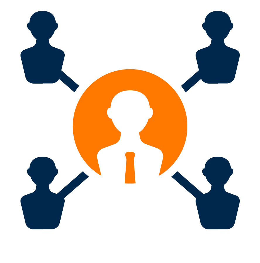 four people connected to one person wearing a tie