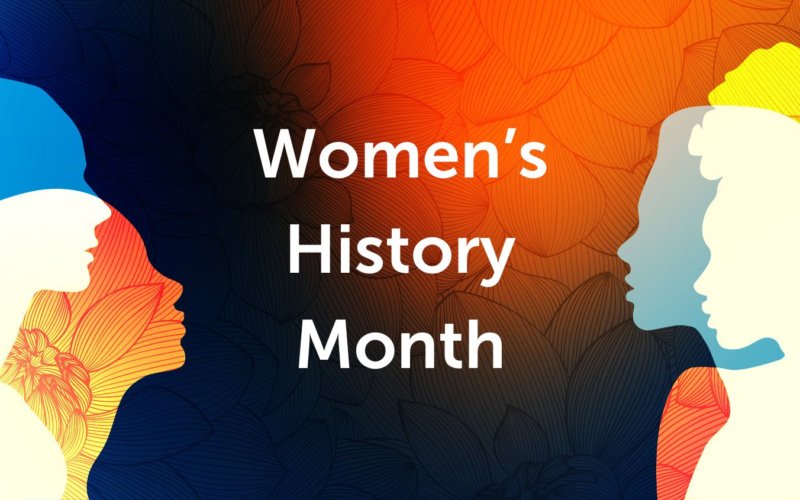 A graphic with silhouettes of people and the words “Women’s History Month”