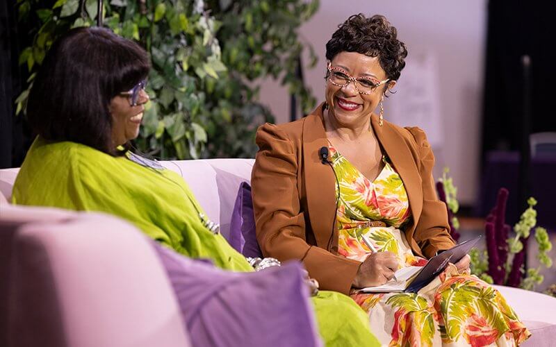CSUF alum and Disney Legend Martha Blanding, left, was interviewed by leadership coach Melissa Majors at the Sept. 30 LeadHERship Women's Conference.