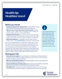 Health tip flyer about healthier travel from UnitedHealthcare