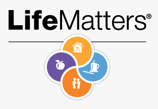 "LifeMatters®" and four circles containing a home, apple, two persons, and a mug