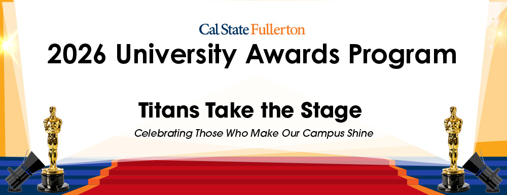 Banner for the 2026 University Awards Program with 'Titans Take the Stage' theme, featuring spotlights and an Oscar-like statue."