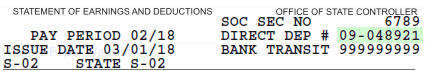 direct deposit advice with derect dep number highlighted on the right column