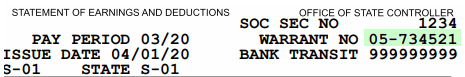 pay stub with warrant number highlighted on the right column