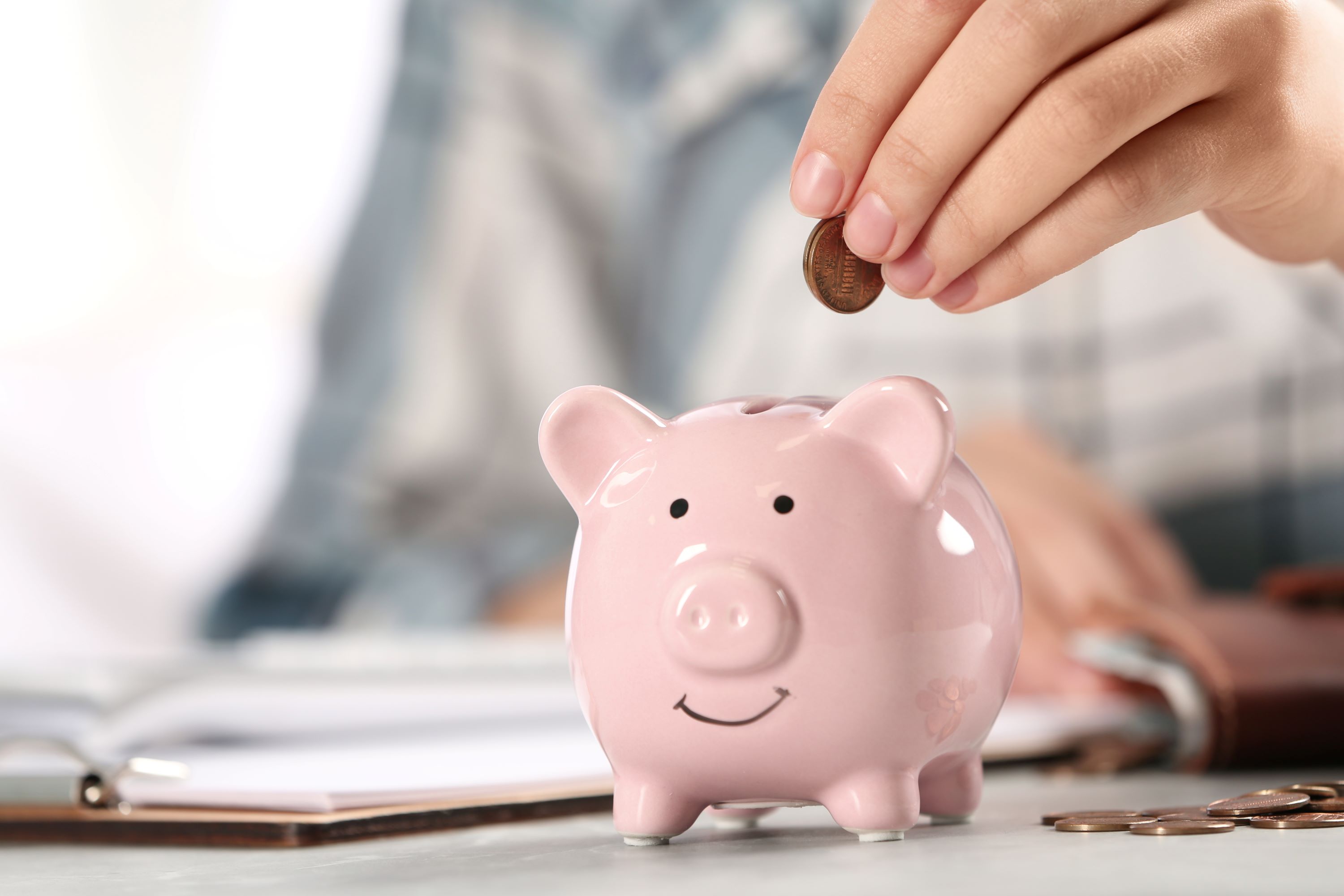 a hand holding a penny on top of a pink piggy bank